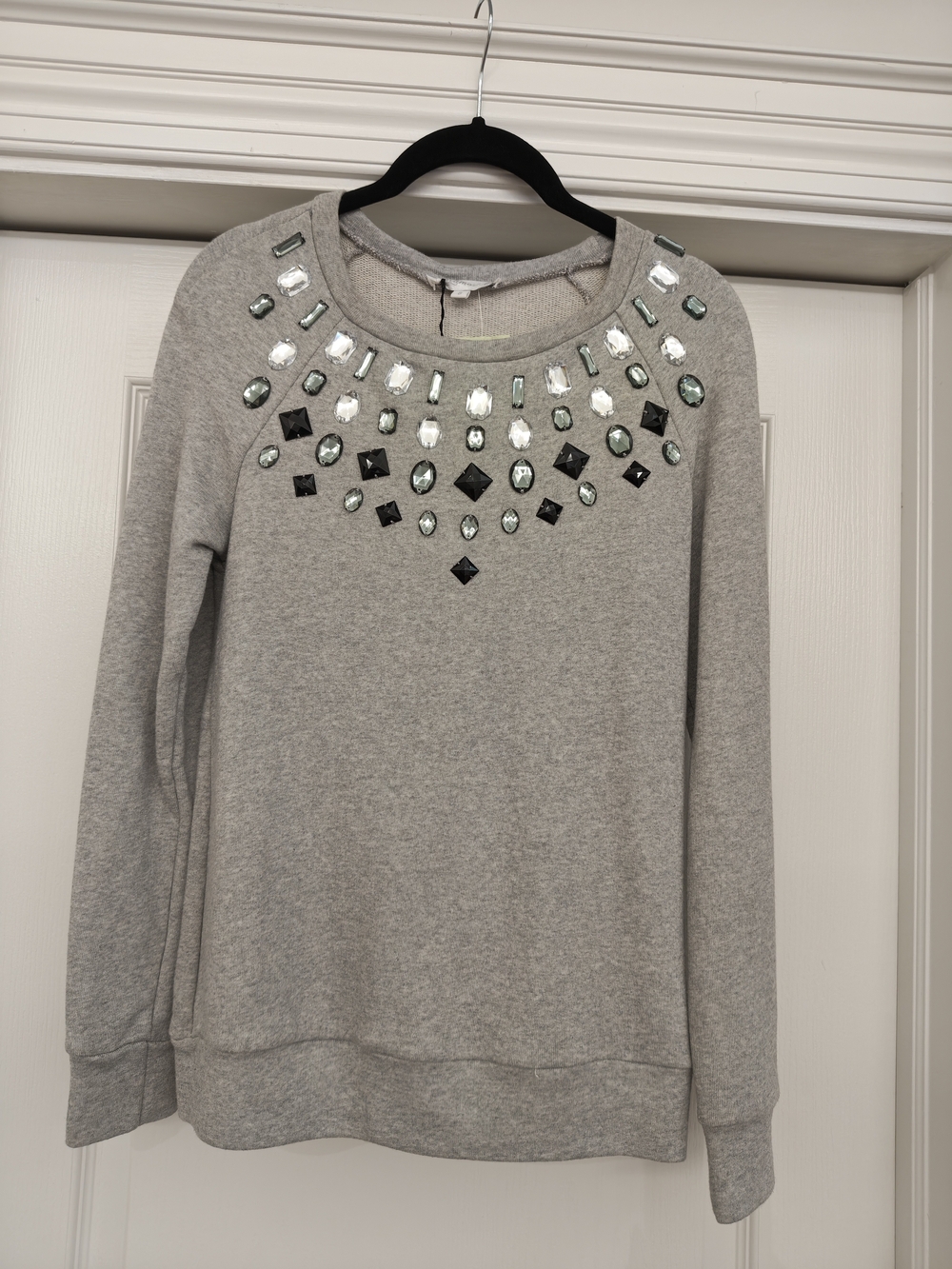Y2K Glamorous Light Gray Jeweled Crewneck Sweatshirt